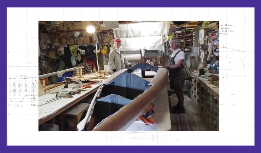 Photo of Robertson and Izon fitting the floorboards, and a map showing Robertson's solo 1,300-kilometre loop of the Great Lakes via the Trent-Severn Waterway.