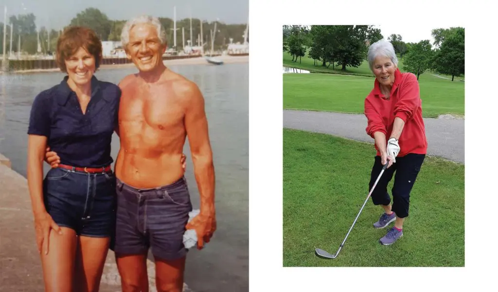 Image of Tom and Joyce when they were younger, and photo of Joyce on the right practicing her golf swing