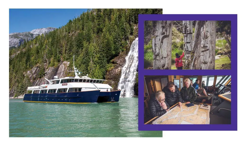 Maple Leaf Adventuresʼ 138-foot catamaran Cascadia; Top Right: Ancient monumental poles on Haida Gwaii, on B.C.ʼs northern coast; Bottom Right: guests examine a map on the bridge of the Cascadia.