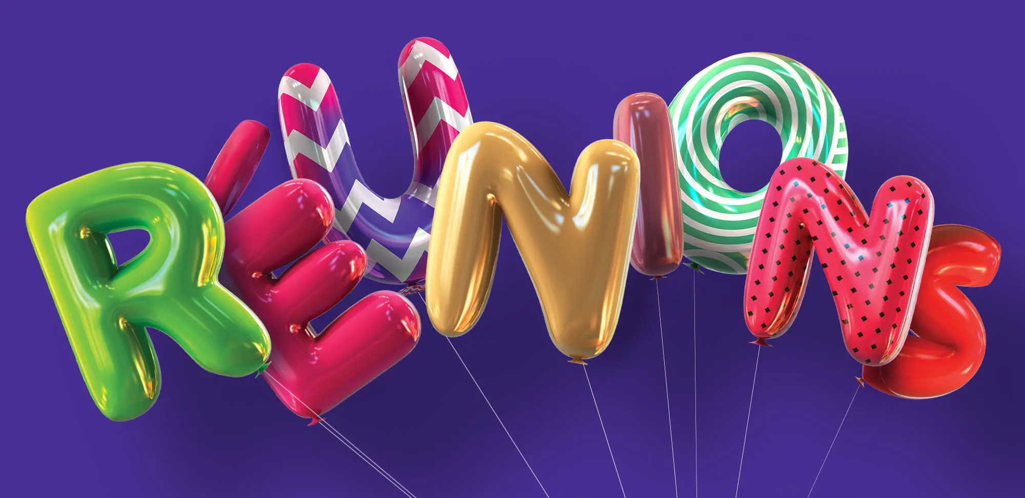 Illustration de ballons en 3 dimensions formant le mot « Réunions »