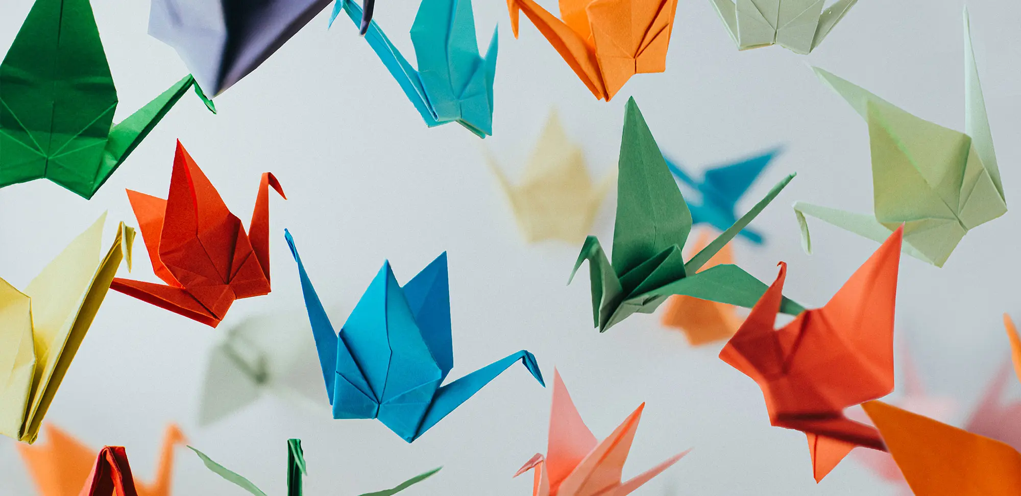 Photo of multicoloured falling origami cranes on a plain background