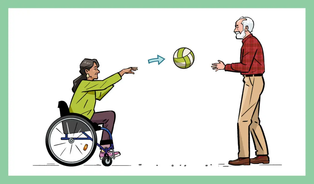 Illustration of a woman using a wheelchair and a standing man doing the Ball throw exercise