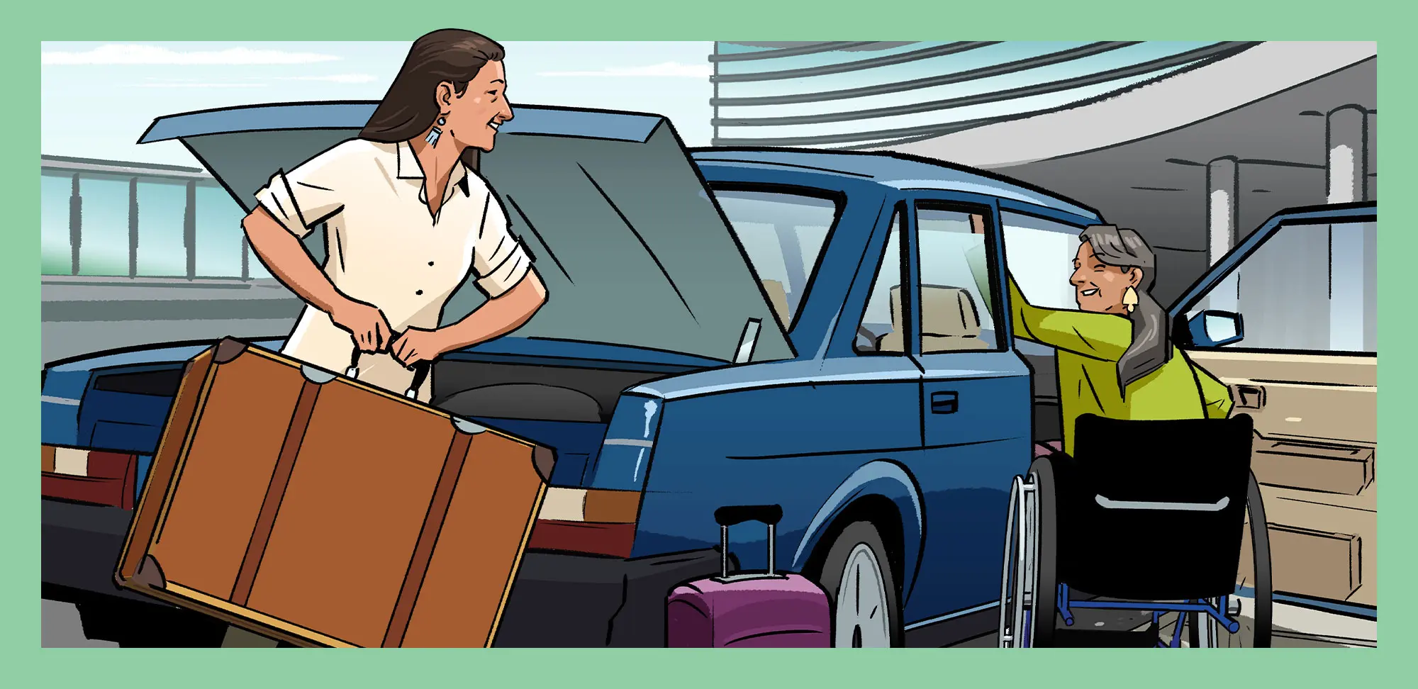 Illustration of a woman handling luggage while a woman using a wheelchair gets into a car