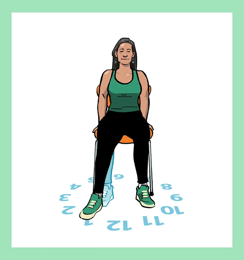 Illustration of a woman seated performing bug squash around the clock exercise