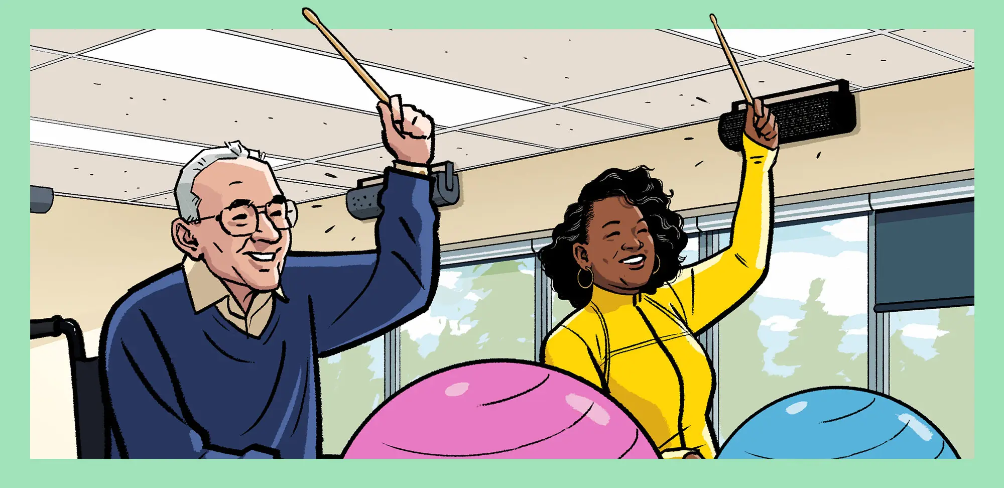 Illustration of a senior man and fitness instructor practicing drumming fitness workout