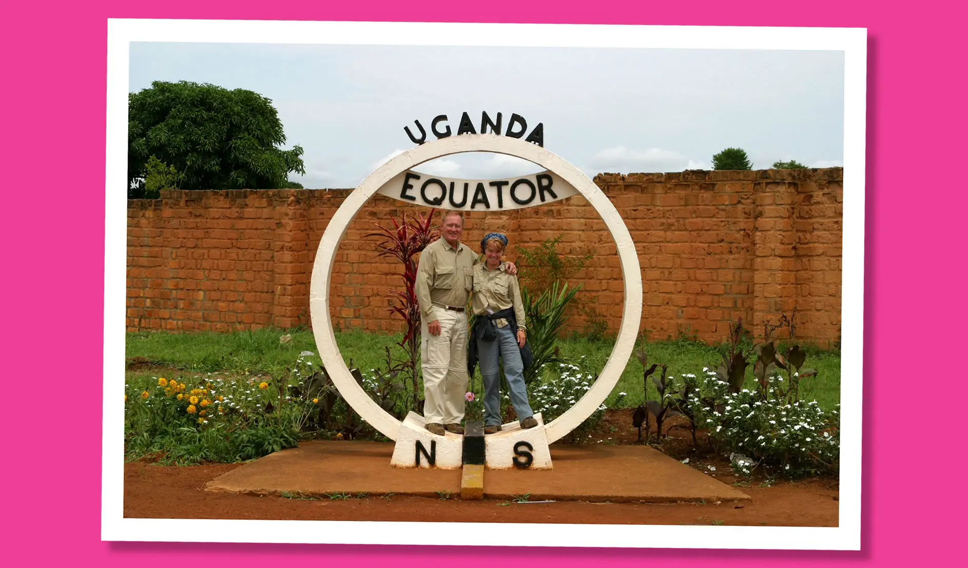 Photo of Sue and Jon Gurr visiting the Equator in Uganda