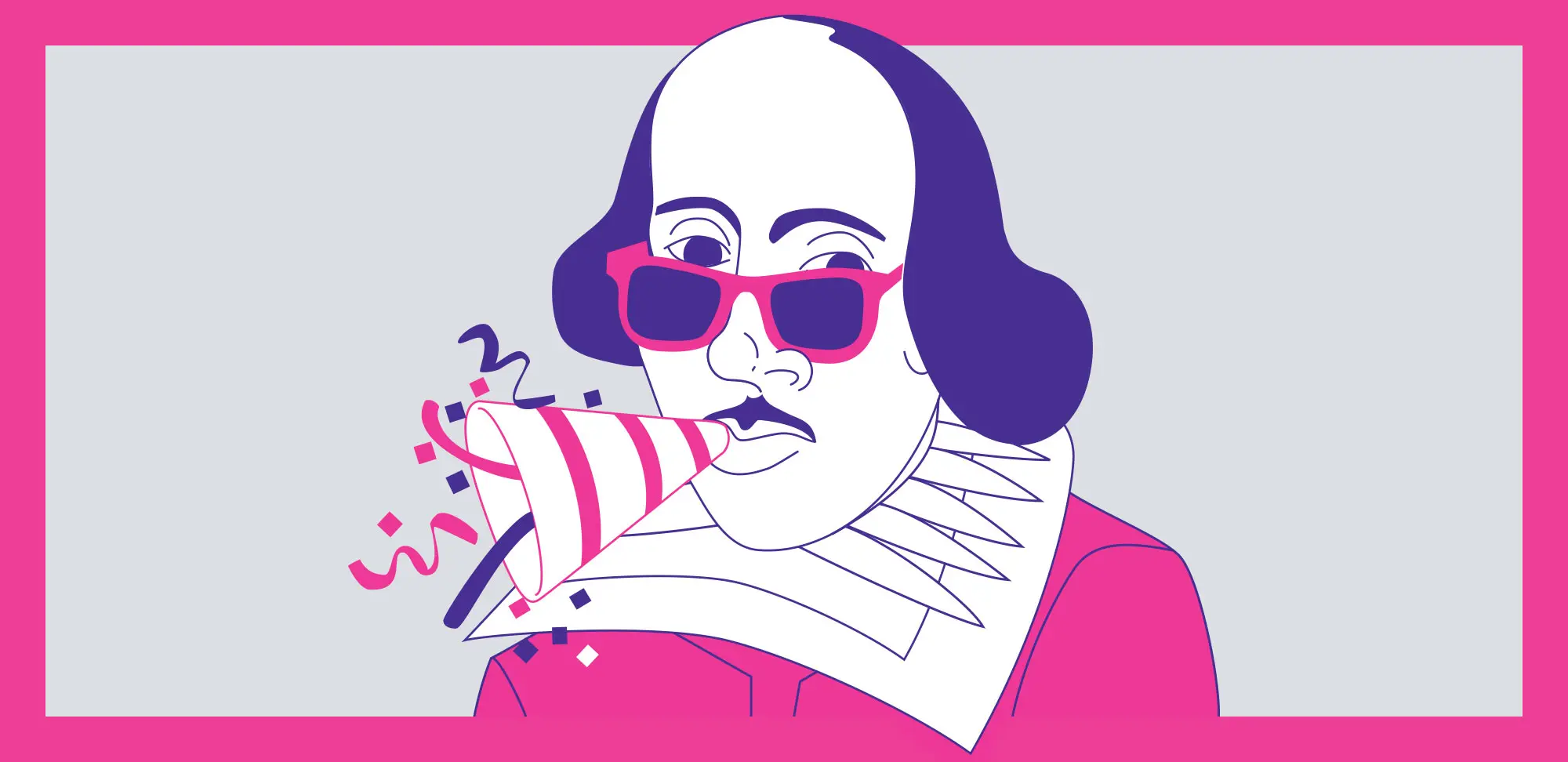 Illustration of Shakespeare wearing sunglasses and blowing into a party noisemaker