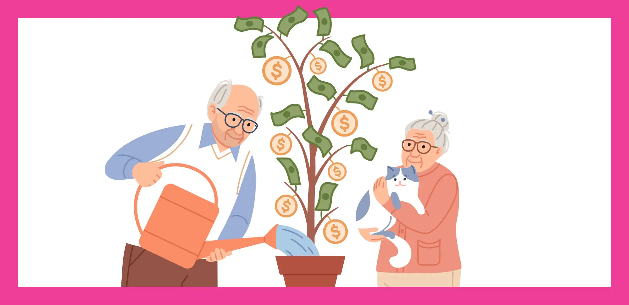 Conceptual Illustration of an elderly couple watering potted money tree