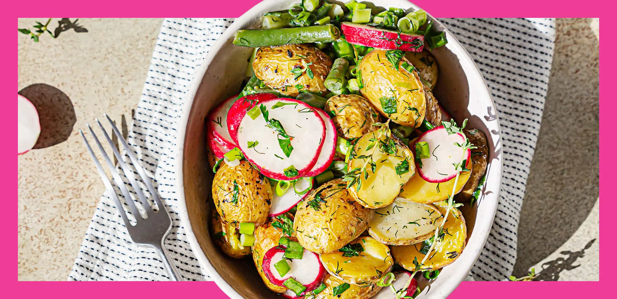 Photo of potato salad with green beans, fresh radishes and herbs dressing