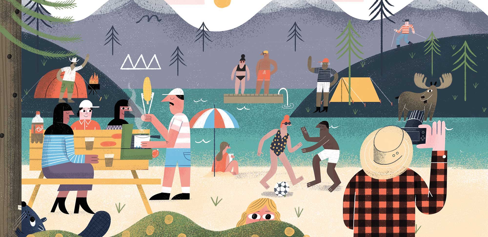 Illustration of diverse set of people enjoying idyllic scene in Canadian nature