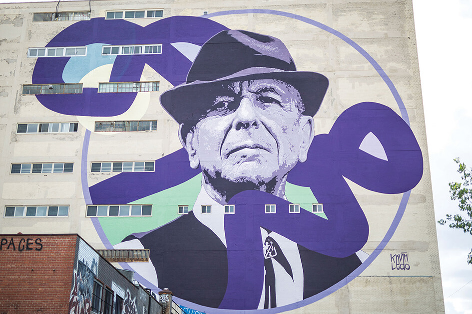 Photo de la murale de Leonard Cohen sur la rue Crescent à Montréal.
