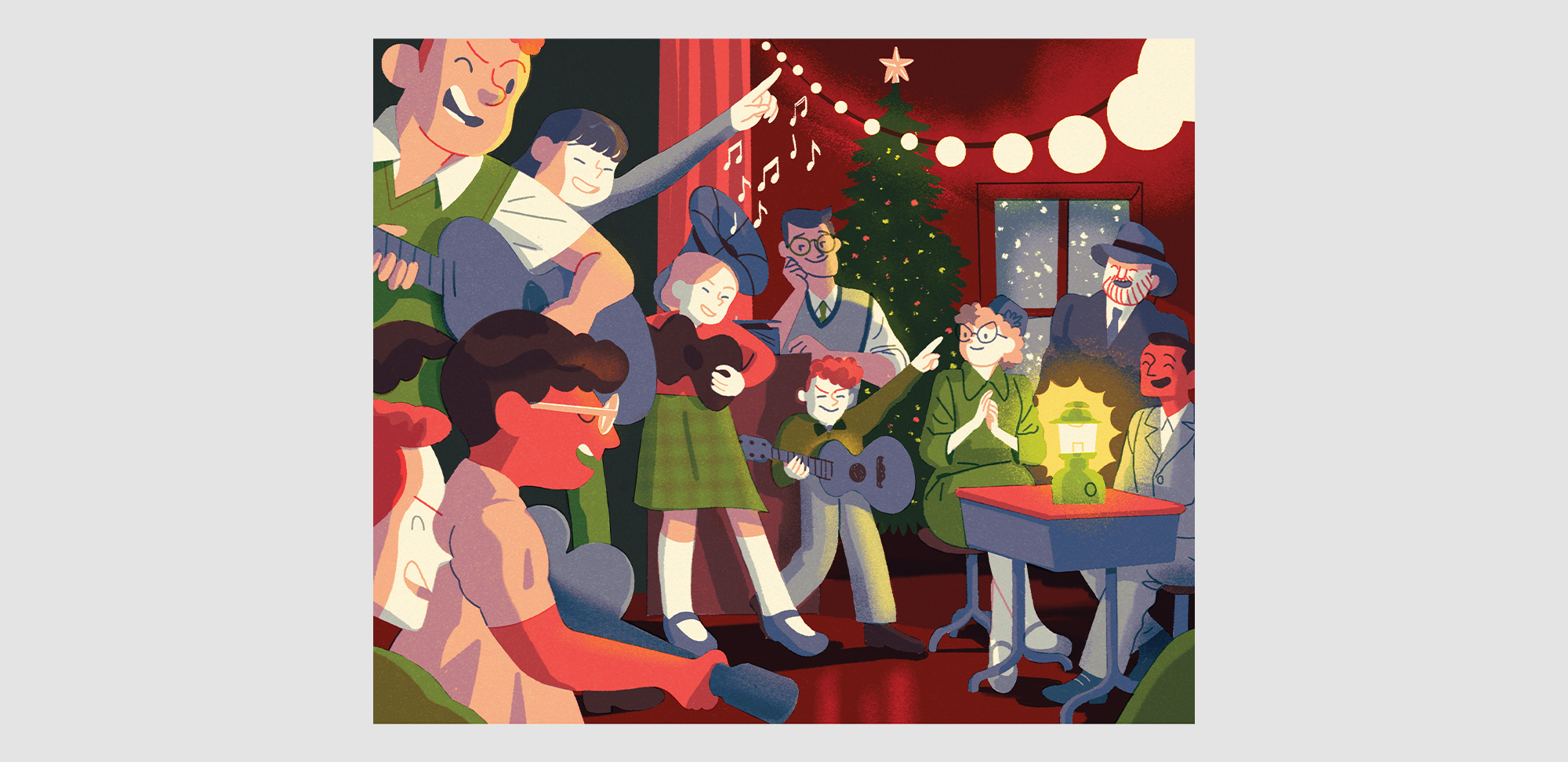 Illustration of children playing a christmas concert for parents in a small schoolhouse