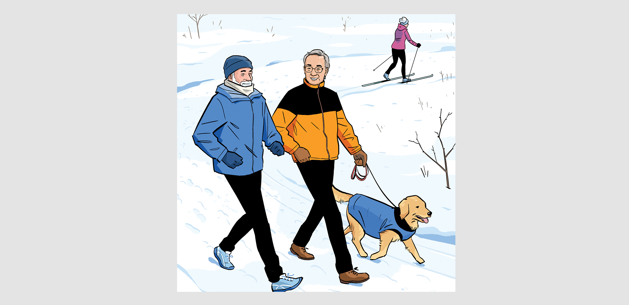 Illustration of two men walking a dog outdoors in the winter, with a cross country skier in the background.