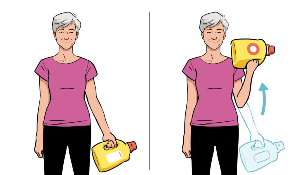 Illustration of a woman doing bicep curls using a bottle of laundry soap