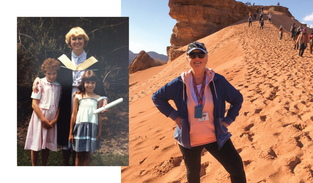 Photo of Adele Blair graduating with her daughters, and a photo of Blair in Jordan.