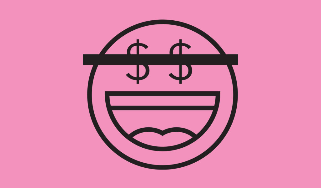 Illustration of an smiling emoji with a black bar across the eyes