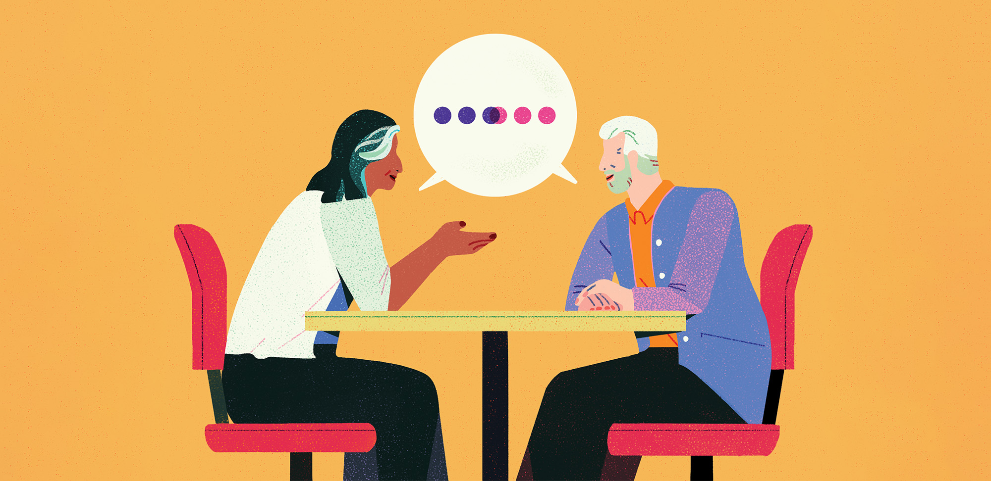 Illustration of a woman talking to a man at a table