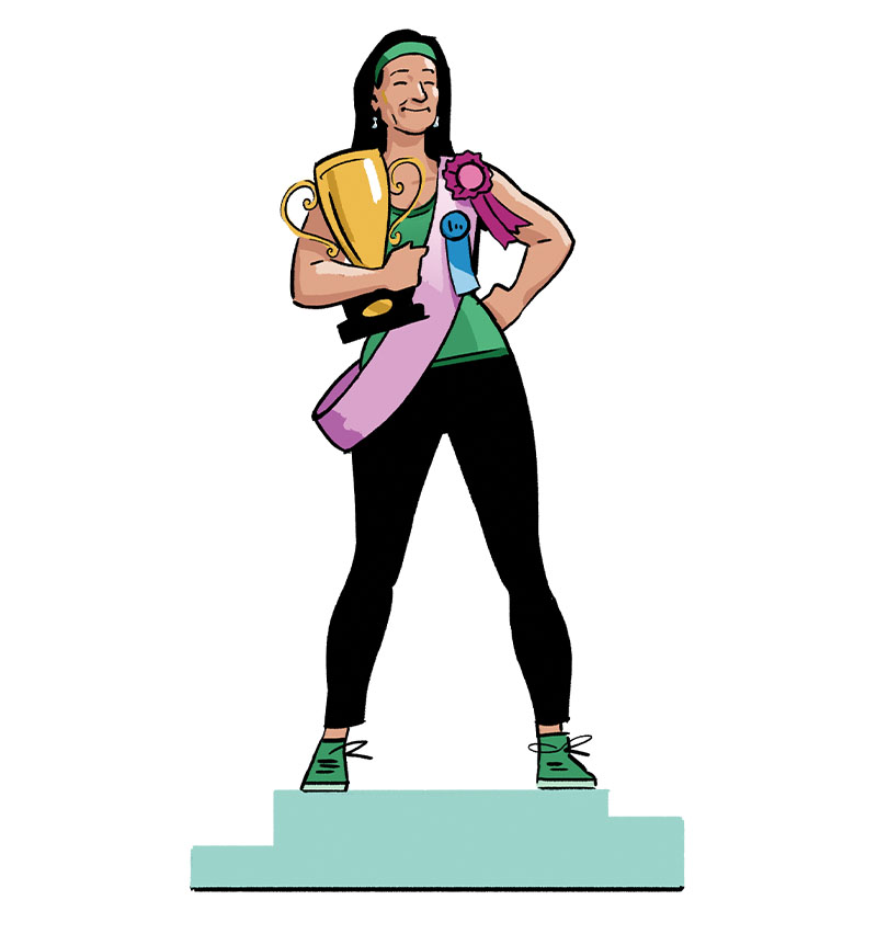 Illustration of a woman in fitness clothes holding a trophy on a pedestal