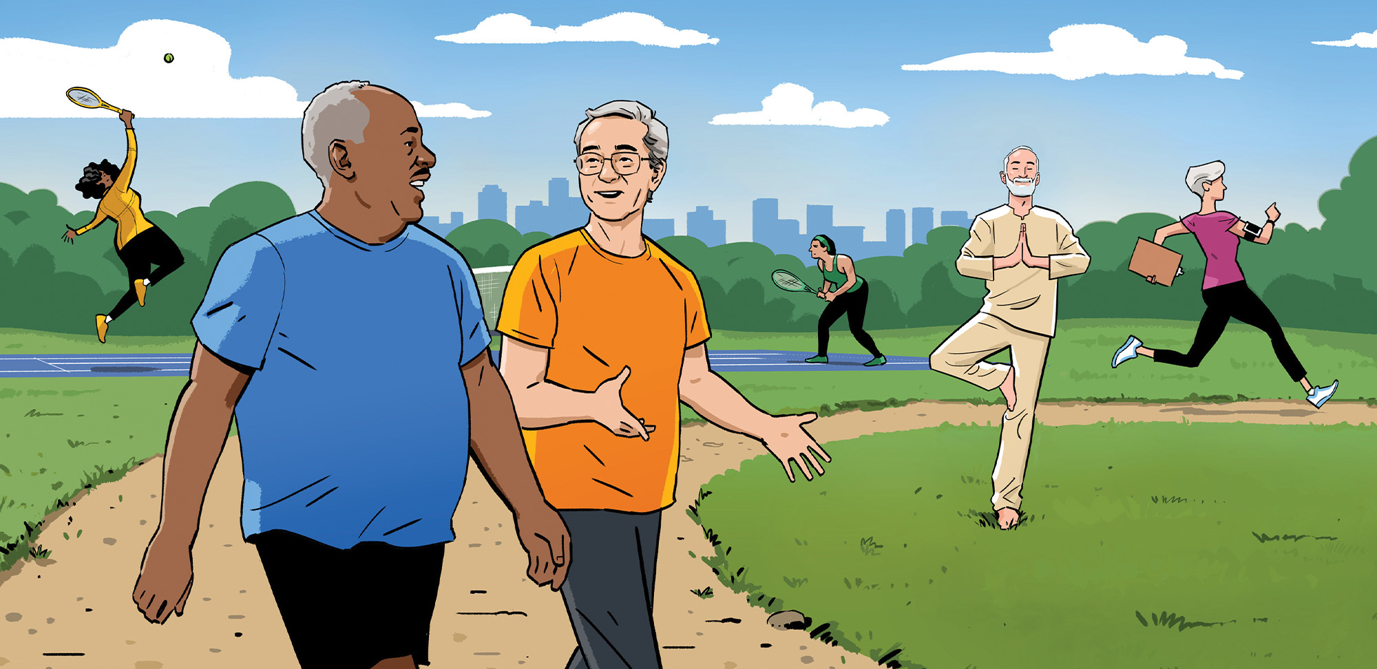 Illustration of park scene with variety of people doing different fitness activities