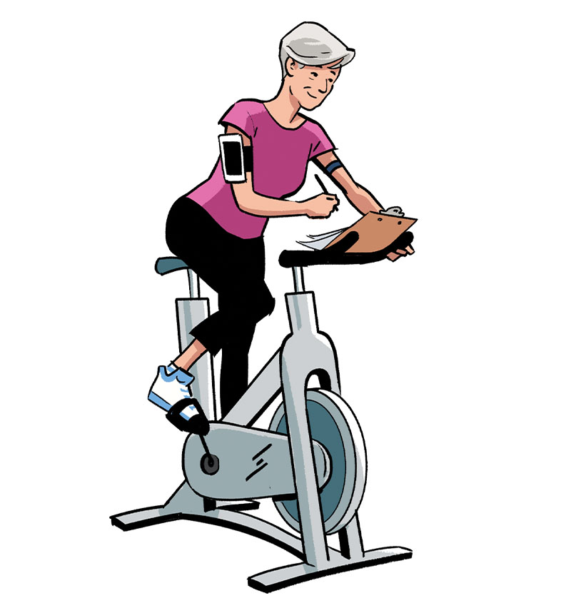 Illustration of woman in fitness clothes on a stationary bike making plans