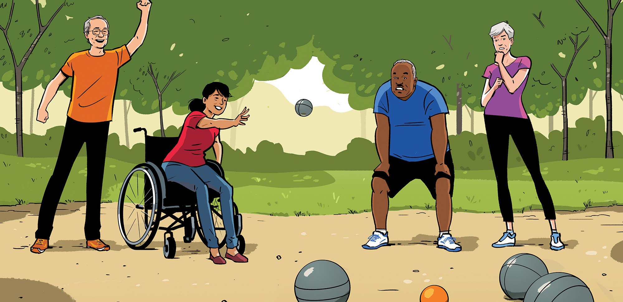Illustration of a group of people playing Pétanque, a game similar to Bocce