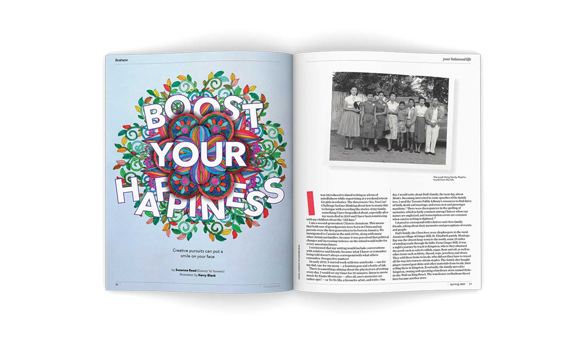 Magazine spread of the 'Boost your happiness' story in Spring 2022 issue.
