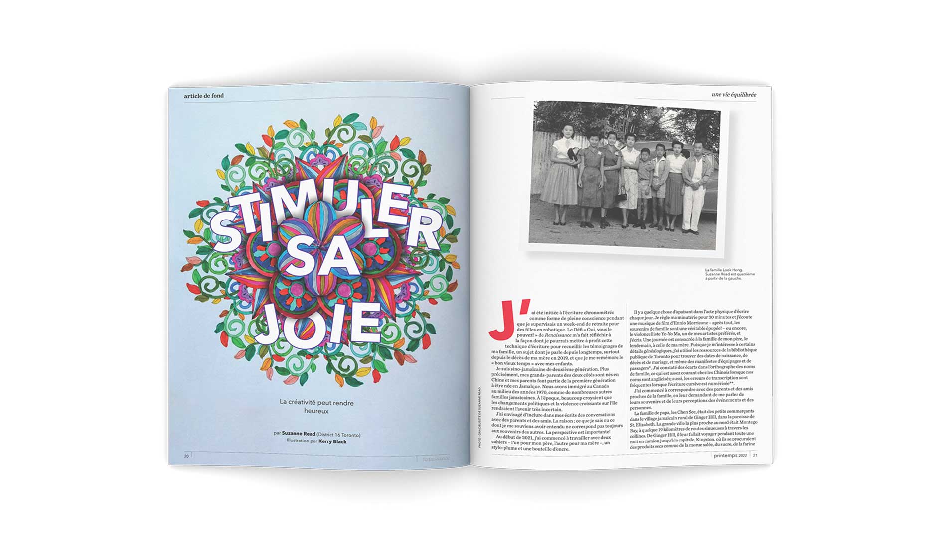 Double page de l’article « Stimuler sa joie » dans le magazine du printemps 2022