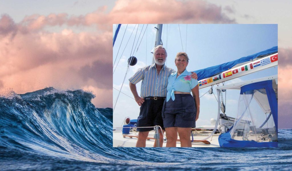 Image of ocean wave in background, with a photo of Aubrey and Judy Milard on their sailboat Veleda Four
