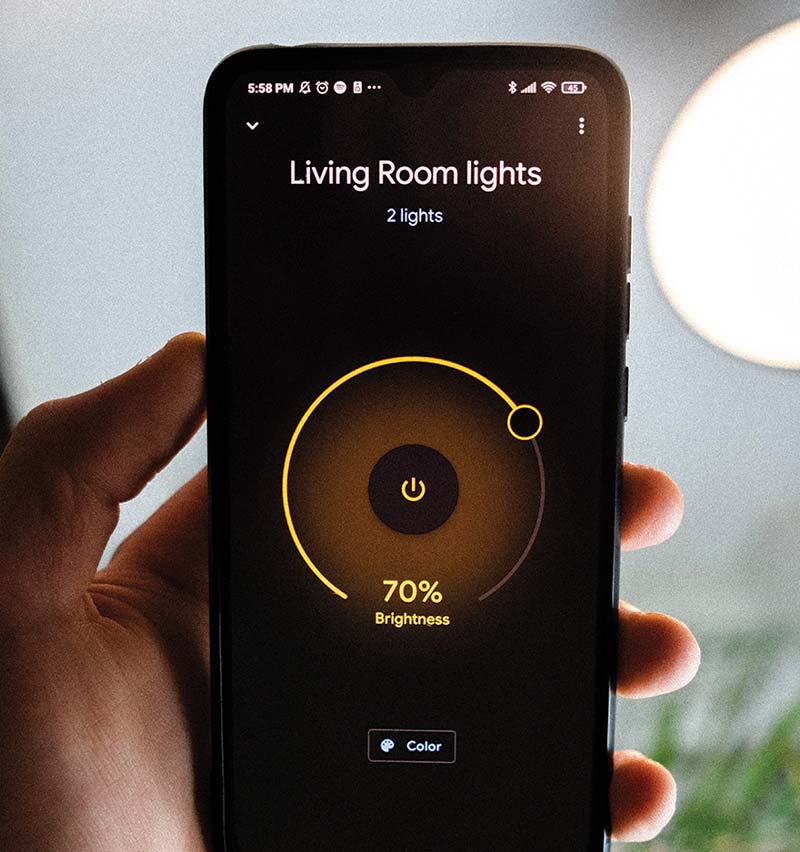 Photo of a person holding an app that controls house lights