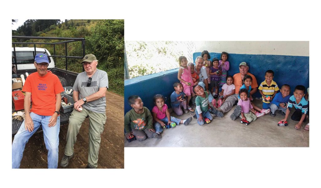 Left: Peter Mernagh and Don Evans. Right: Peter Mernagh and Don Evans with children at an “escuelita” (school).