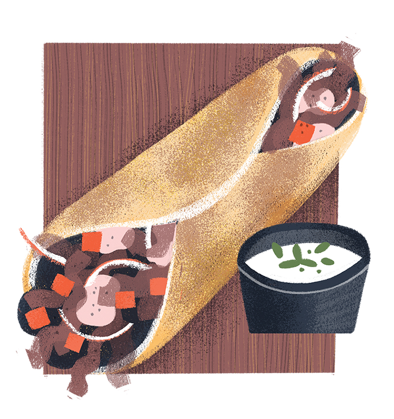 Illustration de bœuf haché épicé dans un sandwich, appelé Donairs