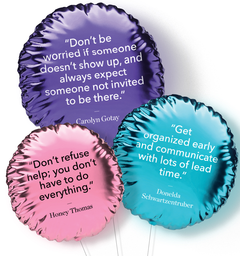 Photo illustration of 3D balloons with quotes from members