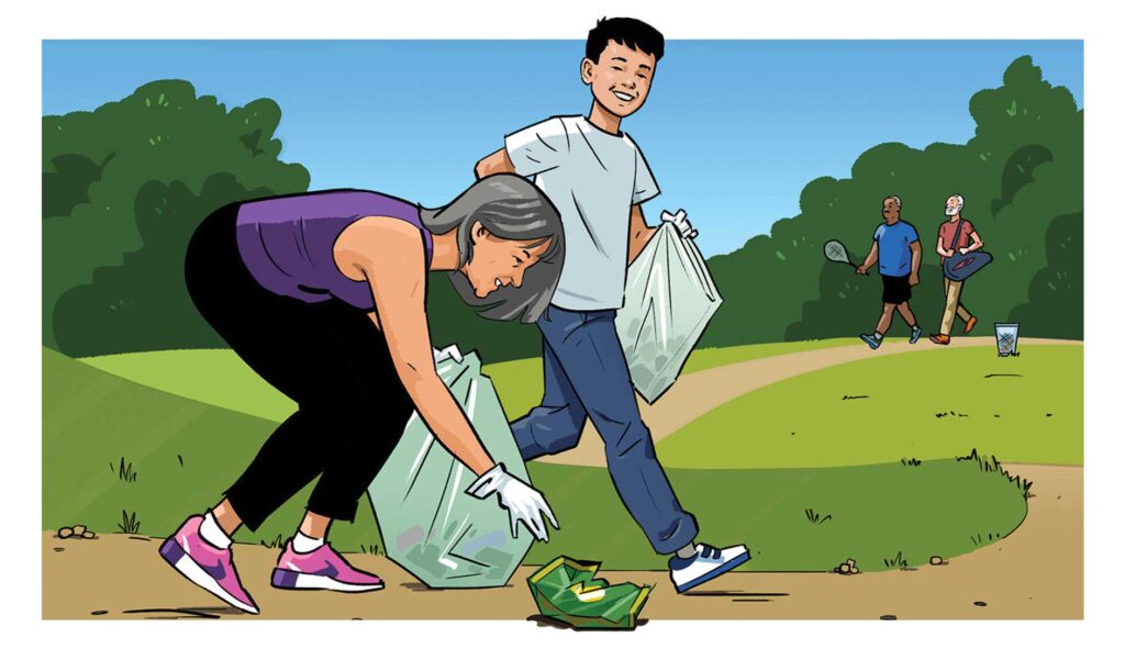 Spot illustration grandson and grandmother picking up garbage while out in park