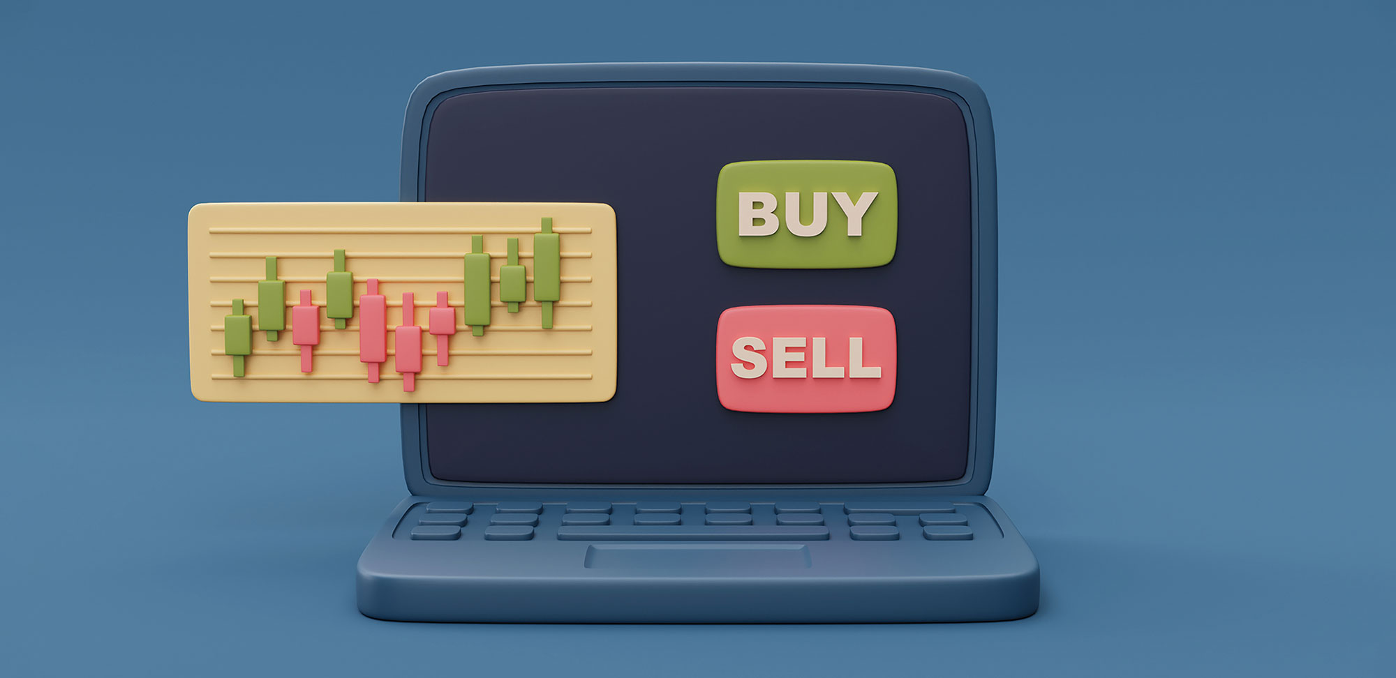 3D illustration of a computer laptop with a red and green candlestick trade chart with Buy and Sell on the screen