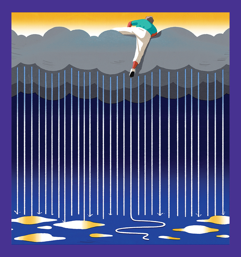 Conceptual illustration of woman climbing over a raincloud