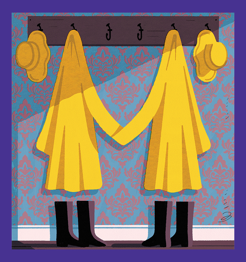 Conceptual illustration of two raincoats holding hands