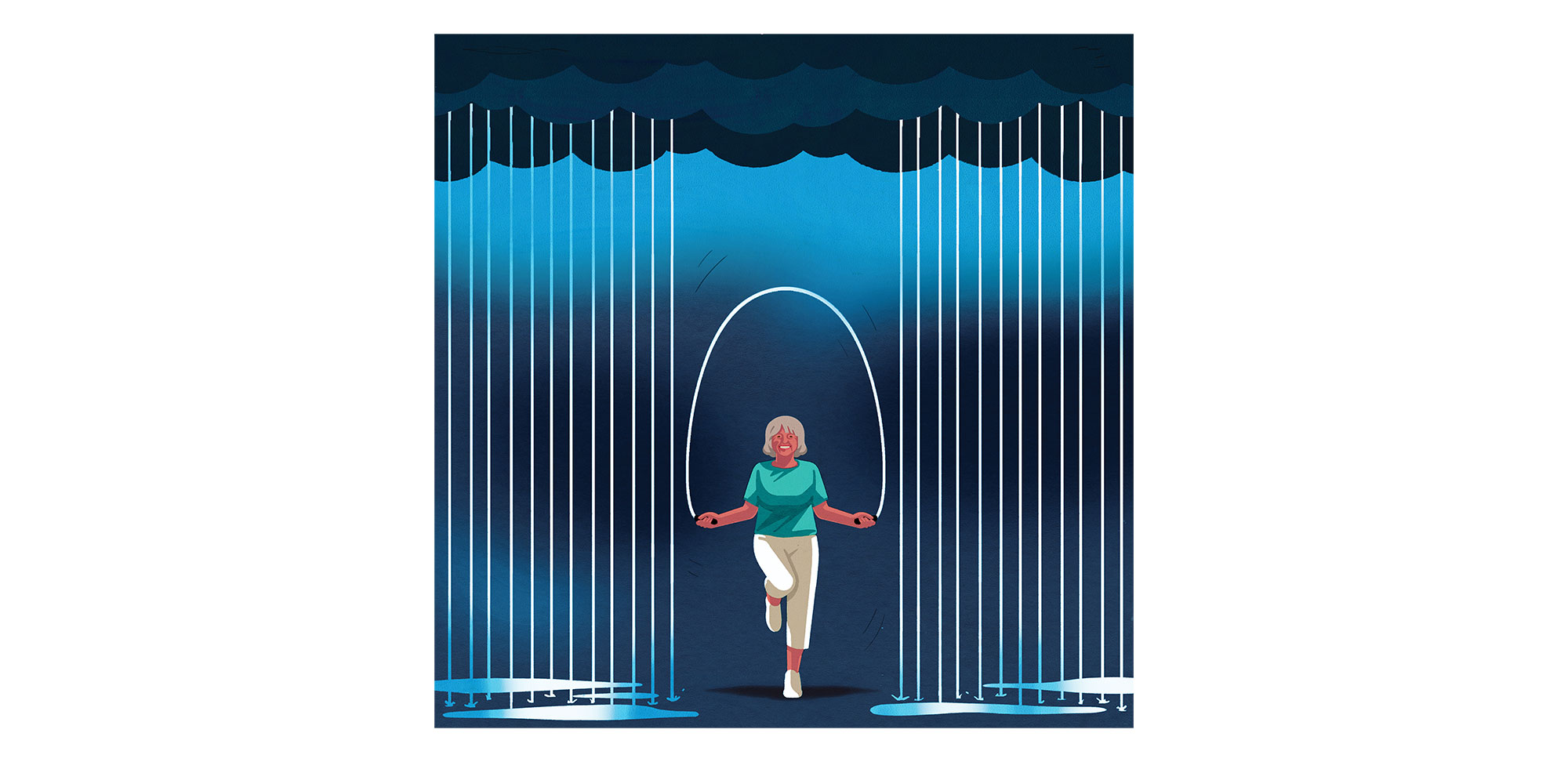 Illustration conceptuelle d’une femme utilisant la pluie pour sauter à la corde