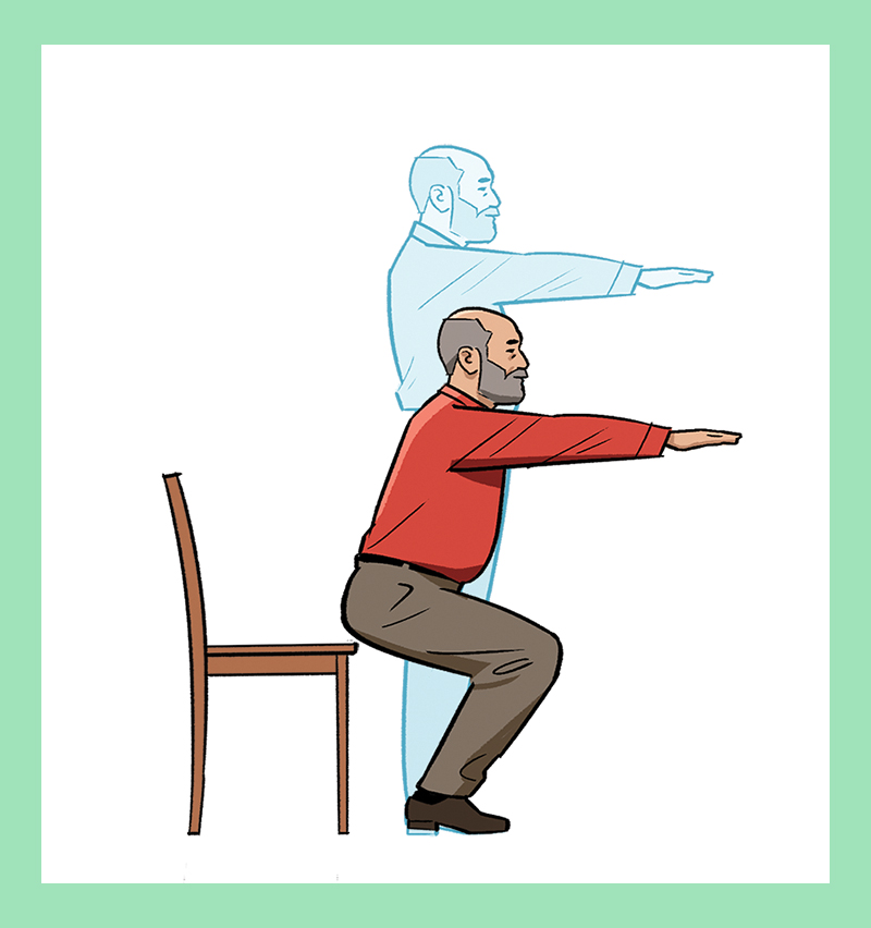 Spot illustration of man doing a chair squat