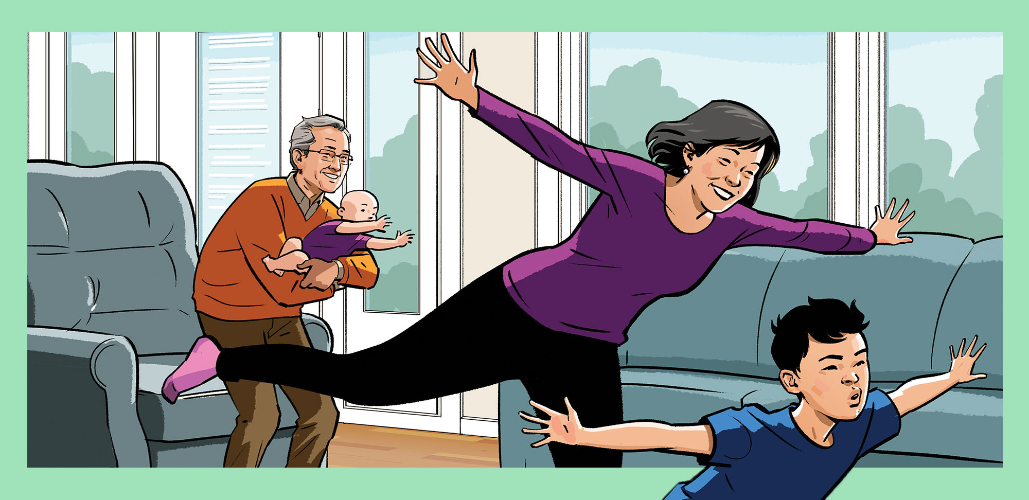 Illustration of grandparents actively participating with their grandchildren