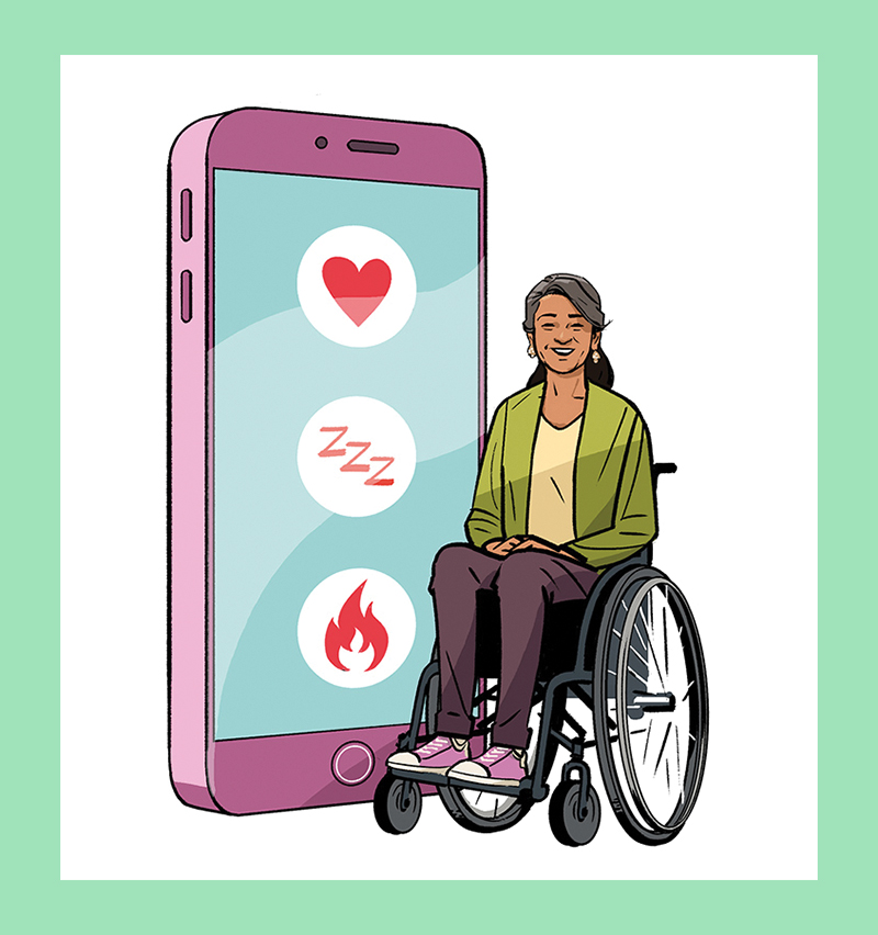 Illustration of senior woman in a wheelchair with a health app on a phone behind