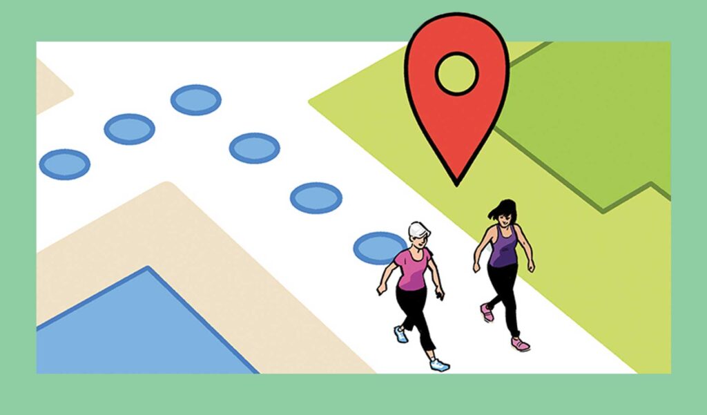 Illustration of woman walking showing location tracking