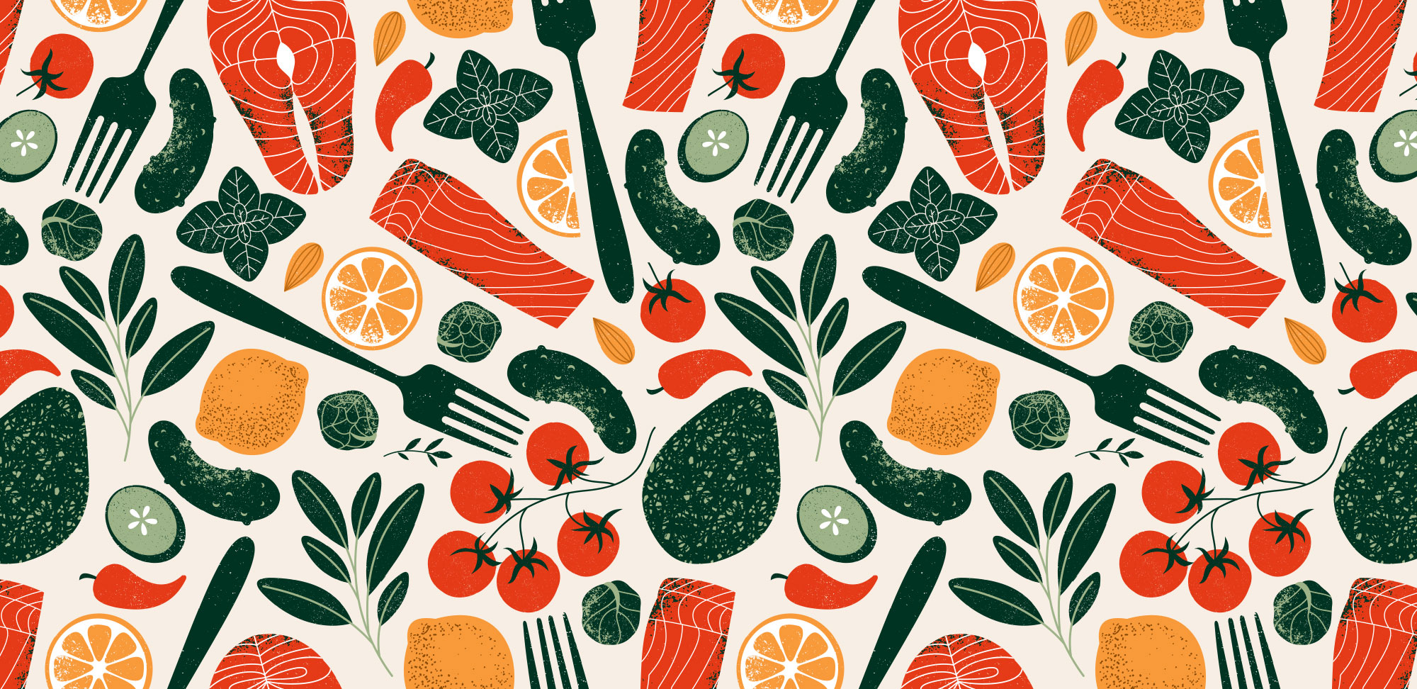 Illustration of Healthy food seamless pattern. Salmon with avocado and cucumbers.
