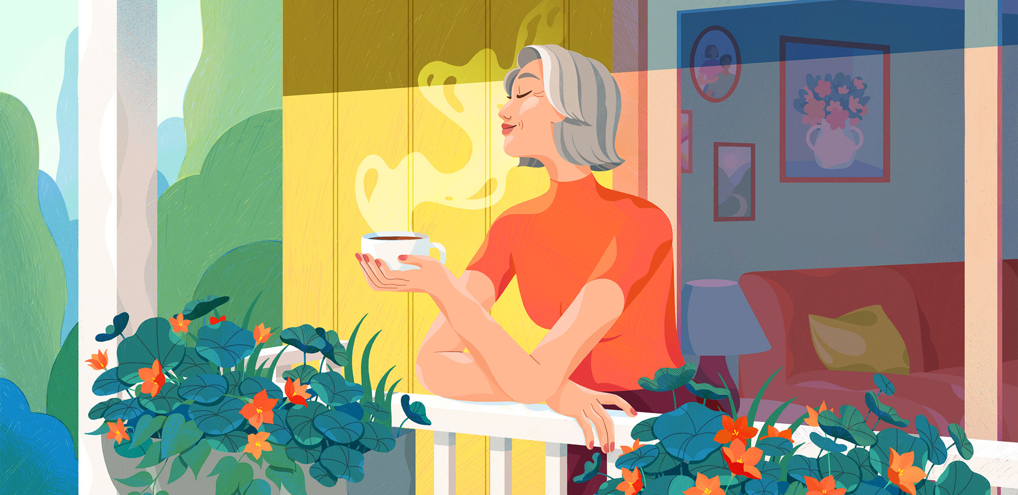 Illustration d’une femme profitant du moment présent en buvant son café sur le porche de sa maison.